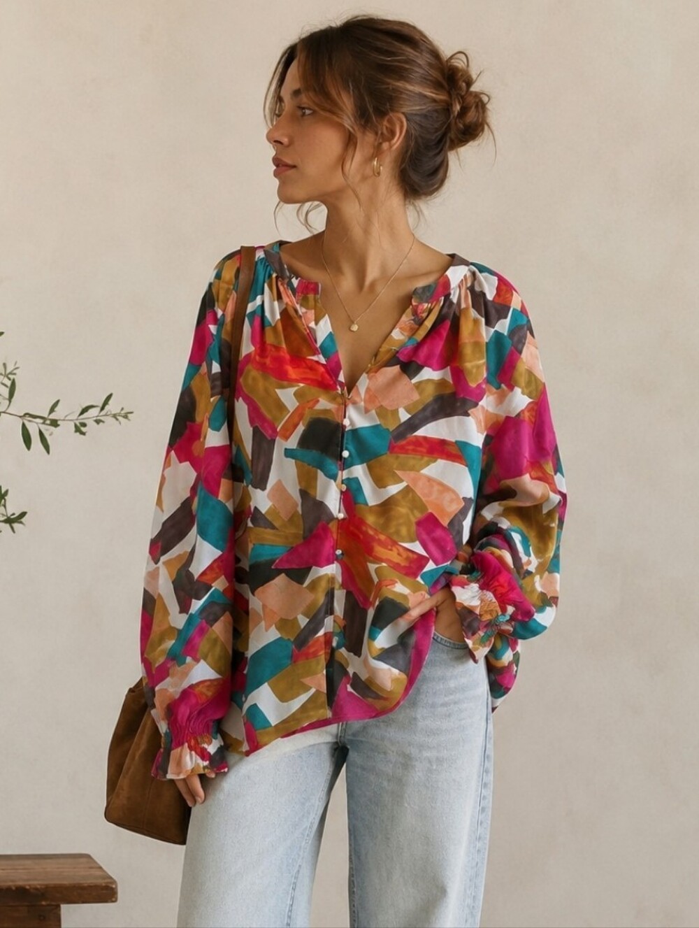 Entro Abstract Print Blouse Multicolor Button Front Boho Artsy Fall Top L